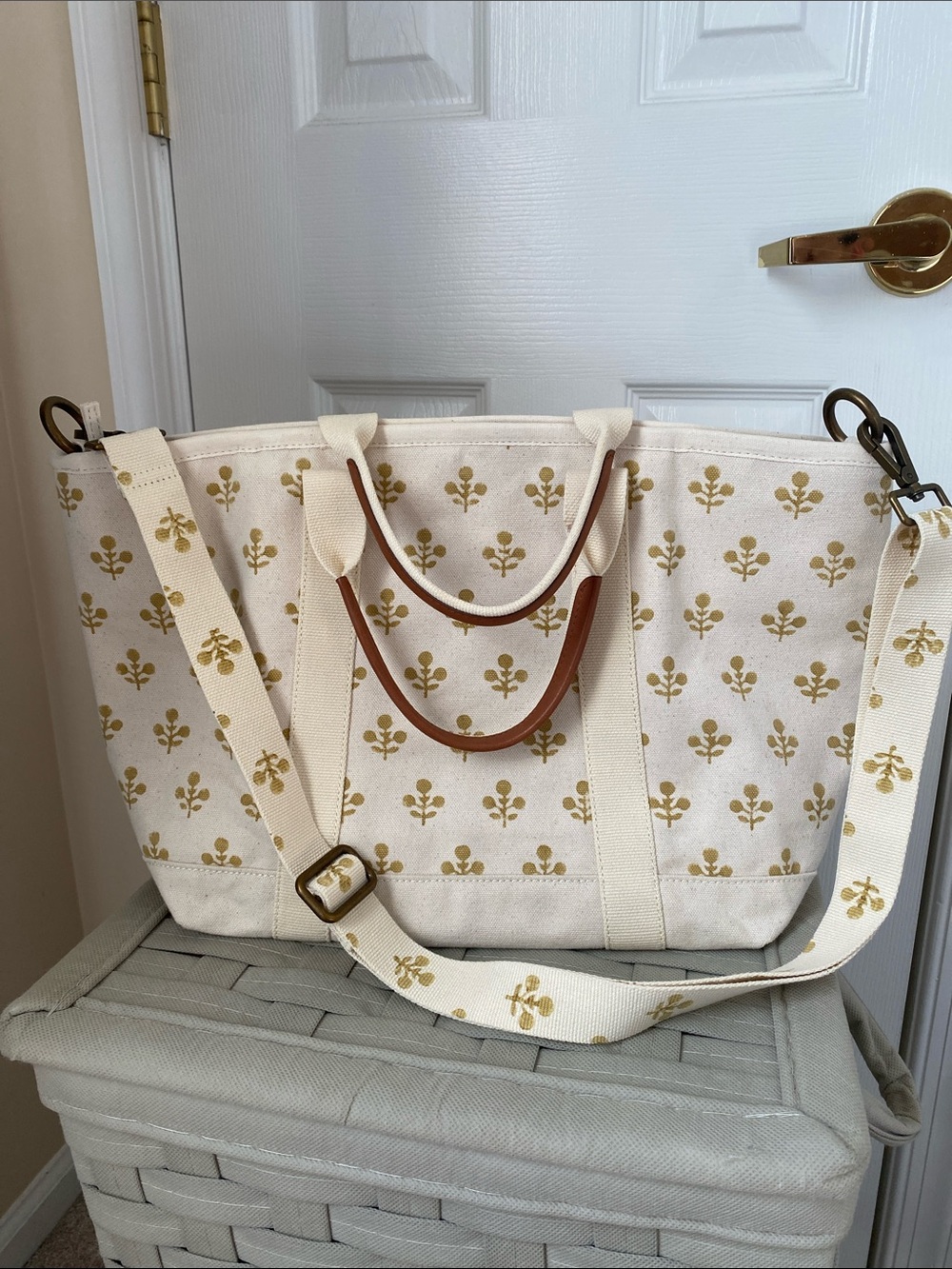 Marea Canvas Tote Bag with Gold Floral Print - Cream